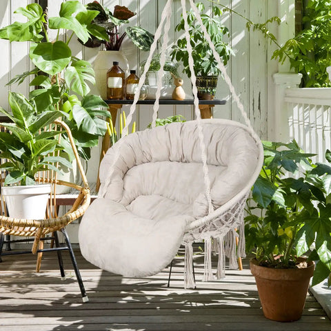 Cozy Macrame Hammock Chair with Thick Comfy Cushion and Hanging Hardware Kit, Bohemian Cotton Rope Swing, Beige Lounger on Patio