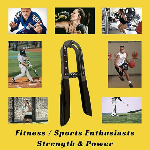 Adjustable Grip Strength Trainer For Hand Rehab And Fitness Built Tough All Steel Hand Grip Exerciser with 5 to 150 lb Resistance displayed on yellow background with fitness images