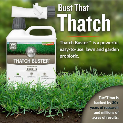 Thatch Buster Lawn and Garden Probiotic bottle with hose sprayer on lush grass background