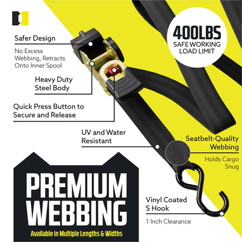 Auto Retractable Ratchet Straps 2 Pack 1 Inch By 10 Feet Beefy Heavy Duty Tie Down Straps with steel body and S hook detail