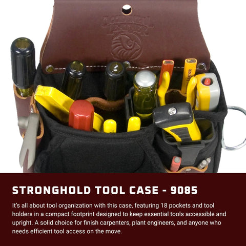 Stronghold Tool Case With 18 Pockets And Tool Holders Durable Leather Lined Interior Compact Upright Organizer For Pro Trades Keeps Tools Accessible And Ready To Roll Made In USA filled with various hand tools
