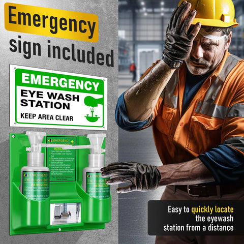 Two Pack Portable Eye Wash Station 17 Ounce Each Wall Mount First Aid Eyewash Kit OSHA Approved BPA Free Includes Empty Bottles and Mirror Emergency Eyewash Not Included Cup Mouth Deflector for Mess Free Use with emergency sign and worker in background