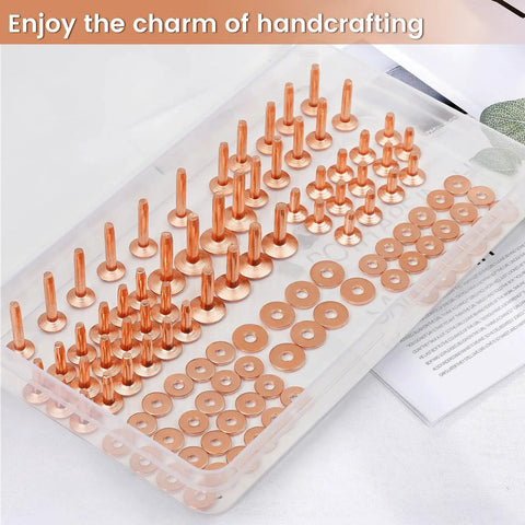 Copper Rivets And Burrs Kit For Leather Working 116 Pcs With Size 9 And Size 12 Rivets in a clear tray