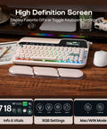 Dope Wireless Retro Typewriter Mechanical Keyboard With Screen And Smooth Rotary Knob Plus Premium Round Pbt Keycaps For Hot Swappable Switches And Custom Rgb Lighting Alongside A Comfy Wrist Rest For Epic Pc Mac Gaming Vibes And Daily Work, showing HD screen and RGB settings.
