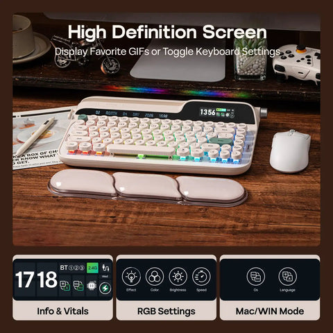 Dope Wireless Retro Typewriter Mechanical Keyboard With Screen And Smooth Rotary Knob Plus Premium Round Pbt Keycaps For Hot Swappable Switches And Custom Rgb Lighting Alongside A Comfy Wrist Rest For Epic Pc Mac Gaming Vibes And Daily Work, showing HD screen and RGB settings.
