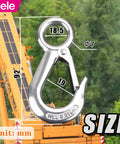 304 Stainless Steel Grab And Slip Hook Rigging Accessory With Spring Loaded Latch, displayed with size dimensions over crane background