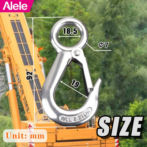 304 Stainless Steel Grab And Slip Hook Rigging Accessory With Spring Loaded Latch, displayed with size dimensions over crane background