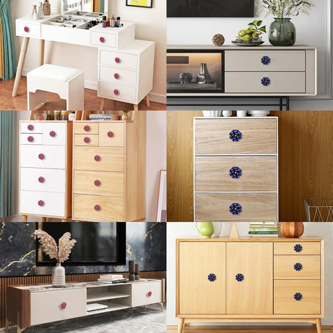 Furniture with 4 Pack Vintage Iron Valve Cabinet Knobs And Pulls, Disc Shaped Handles in Red, Installed on Various Cabinets and Drawers