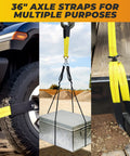 Heavy Duty Car Tie Down Straps For Trailers 2 Inch By 12 Foot, 10000 Lbs Break Strength, 4 Pack Steel Ratchets in use on vehicles