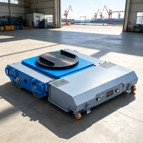 Heavy Lifter Electric Transfer Cart With Rotating Turntable And Wireless Remote Control Delivers No Sweat Industrial Material Handling Performance Everyday, blue and silver sturdy design with rotating turntable.