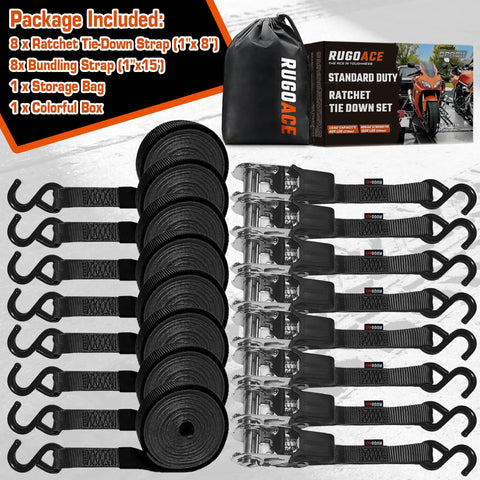 Black Ratchet Tie Down Straps Heavy Duty Towing Gear Lock Your Cargo Tight No Slip Grip For Pickup Trucks And Trailers One Inch By Fifteen Foot 1800 Lbs Breaking Strength 8 Pack with storage bag and colorful box.