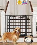 Auto Close Baby Gate For Stairs And Doorways With Easy Install Pressure Mounted Design Walk Through One Hand Operation Perfect For Pets And Little Ones In Black, shown on staircase with dog