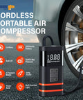 Cordless Portable Tire Inflator Air Compressor For Cars And Trucks Packs A Blistering 20000MAH Rechargeable Auto Pump That Cranks Out 150 Psi Quick No Sweat Guaranteed on road beside a car wheel.