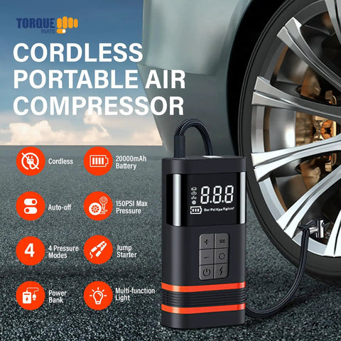 Cordless Portable Tire Inflator Air Compressor For Cars And Trucks Packs A Blistering 20000MAH Rechargeable Auto Pump That Cranks Out 150 Psi Quick No Sweat Guaranteed on road beside a car wheel.