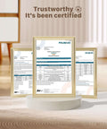 Framed certification documents for Stainless Steel Cat Water Fountain For Quiet Hydration And Easy Living, displayed on a stand