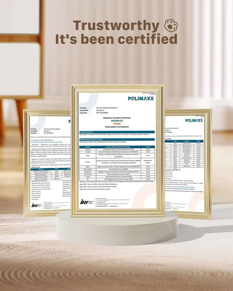 Framed certification documents for Stainless Steel Cat Water Fountain For Quiet Hydration And Easy Living, displayed on a stand