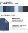 Iron On Denim Patches For Jeans Repair Kit, 8 Patches Sized 5x8 Inches, multiple colors shown with adhesive description