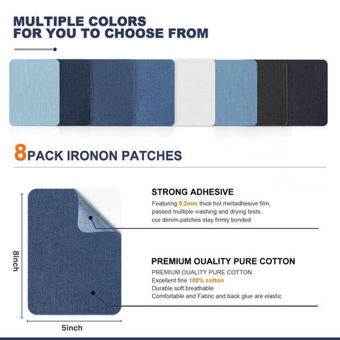 Iron On Denim Patches For Jeans Repair Kit, 8 Patches Sized 5x8 Inches, multiple colors shown with adhesive description