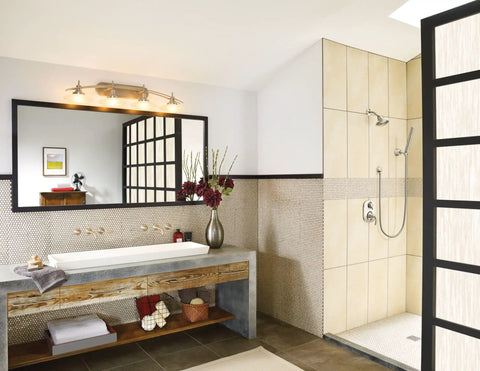 Modern bathroom with Icon Brushed Nickel One Function Shower Head With 5-7/8 Inch Diameter, 2.5 GPM Flow