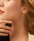 Four Pair Chain Earrings For Women With CZ Ball Studs, Dangling Front To Back Bar Huggie Hoops, Gold Tone Set, Copper Chain Drops, 3cm Length, Stainless Steel Posts, Comfortable Everyday Sparkle on model's ear