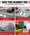 Easy steps for using Heavy Duty Silicone Coated Fiberglass Vehicle Fire Blanket for effective automotive fire protection.