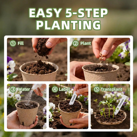 Biodegradable Seed Starter Pots Kit With 70 Plant Labels And 70 Pcs 3.15 Inch Peat Pots With Drainage Holes demonstrating use steps.