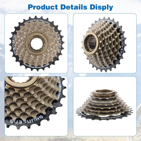 Top and side views of Eight Speed Threaded Freewheel 13-28T Screw On For Mountain Bike And Cruiser Bicycle, steel construction.
