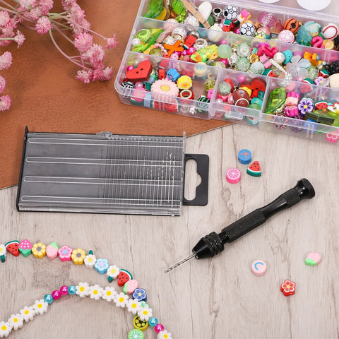 Multi-colored beads, a pin vise, and Mini Micro Drill Bit Set 0.3-1.6 mm with case for jewelry-making projects.