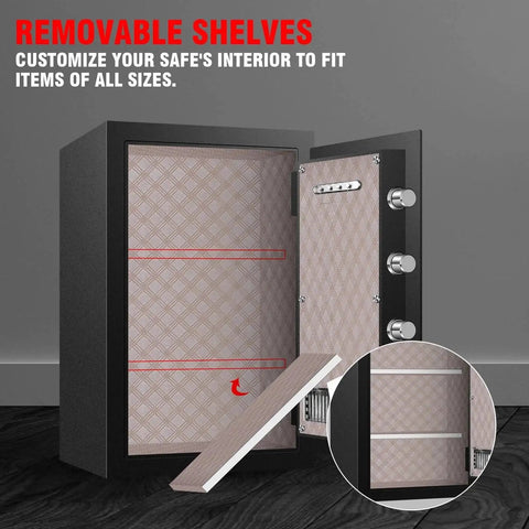 Heavy Duty 10 Cu Ft Home Safe Box With Digital Keypad And Key Lock, showing removable shelves feature and steel construction.