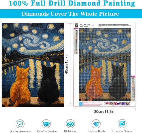 Cat Diamond Painting Kit for Adults 5D Full Drill Starry Night Diamond Art Set for Beginners, DIY Gem Art and Crafts 12x16 Inch