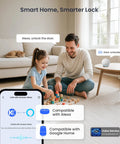Secure Your Front Door Today With This Plug And Play Wifi Smart Lever Deadbolt That Needs Absolutely No Hub And Delivers Blazing Fast Fingerprint Entry Alongside Full Remote App Control Matte Black, showcased in a smart home setting with family.