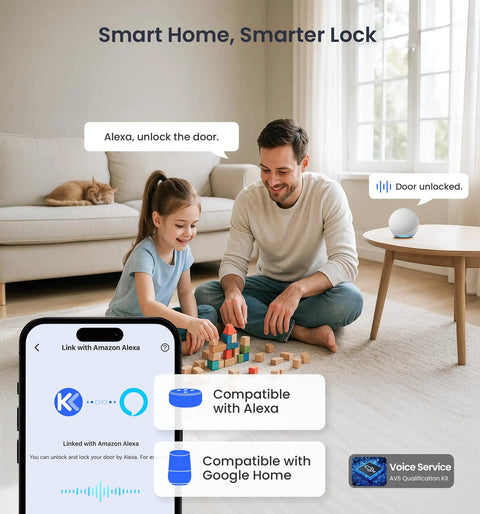 Secure Your Front Door Today With This Plug And Play Wifi Smart Lever Deadbolt That Needs Absolutely No Hub And Delivers Blazing Fast Fingerprint Entry Alongside Full Remote App Control Matte Black, showcased in a smart home setting with family.