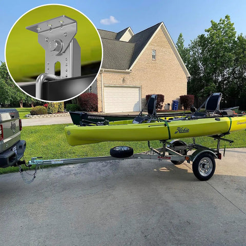 Heavy Duty Boat Trailer Bunk Brackets, 8 Inch Swivel Support Pads mounted on a trailer holding a yellow kayak.