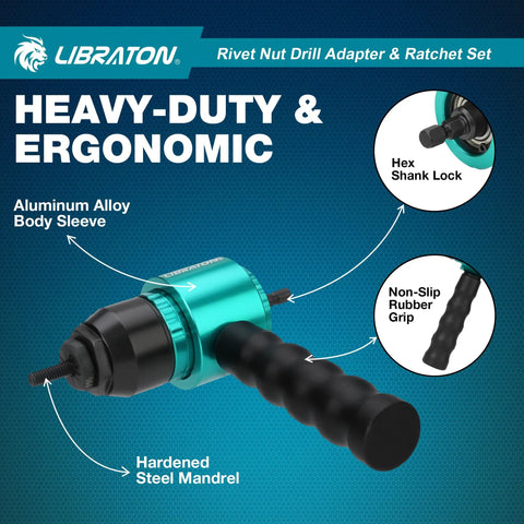 Rivet Nut Drill Adapter And Ratchet Wrench Kit with Hex Shank Lock, aluminum body, and rubber grip for DIY auto repair.