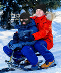 Child wearing Three Hole Full Face Balaclava Gaiter For Outdoor Sports And Cycling Knit Ski Mask, with sibling in snow, black medium.