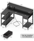 Diagram of black 47 Inch L Shaped Gaming Desk With LED Lights And Power Outlets, Reversible Computer Desk With Shelves And Monitor Stand.