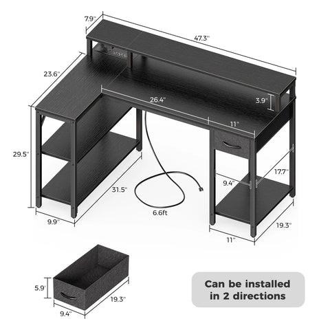 Diagram of black 47 Inch L Shaped Gaming Desk With LED Lights And Power Outlets, Reversible Computer Desk With Shelves And Monitor Stand.