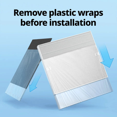 Airmega AP-1512HHS Replacement Filter Set with plastic wraps to remove, showing one HEPA and one activated carbon filter