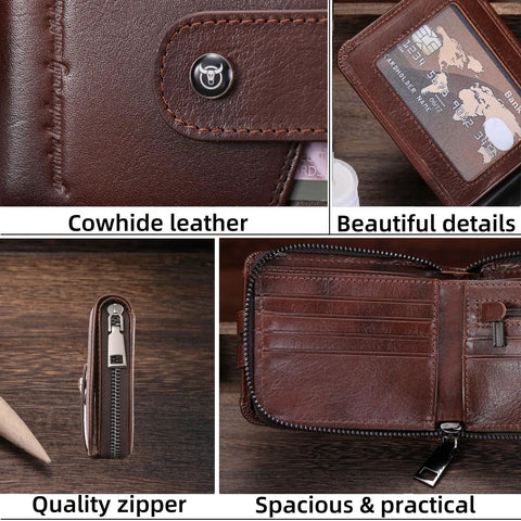 Genuine Leather Men's Wallet With Zipper, RFID Blocking, Vintage Vibe, Big Capacity With 14 Card Slots And 1 ID Window, coffee color