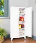 Heavy Duty White Metal Pantry Cabinet With 2 Doors And 3 Adjustable Shelves Freestanding Kitchen Storage Cabinet Durable Steel Construction 150 Lbs Per Shelf Perfect For Dining Room Living Room And Bathroom with open doors.