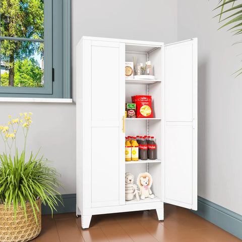 Heavy Duty White Metal Pantry Cabinet With 2 Doors And 3 Adjustable Shelves Freestanding Kitchen Storage Cabinet Durable Steel Construction 150 Lbs Per Shelf Perfect For Dining Room Living Room And Bathroom with open doors.