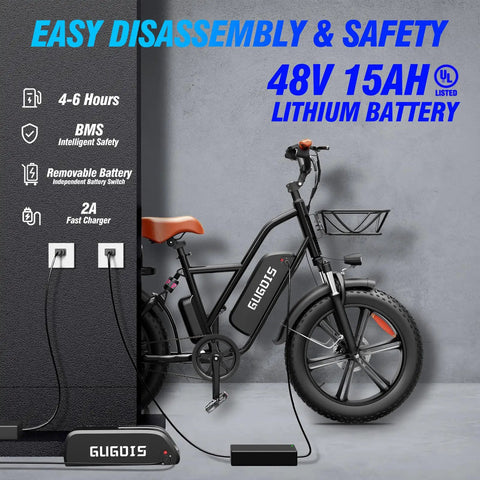Two Seater Fat Tire Electric Bike With 1000W Peak Motor Up To 60 Mile Range Large Removable Battery 20 Inch All Terrain E Bike For City Commutes And Weekend Rides, 48V 15Ah battery shown