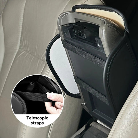 Universal Car Middle Console Cover Must Have With Two Storage Pockets Armrest Cushion Made From Premium Microfiber Leather shown with telescopic straps