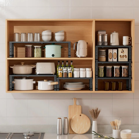 Metal Stackable Expandable Storage Shelf For Kitchen Cabinet Bathroom Office Garage Space Saving Multi Functional Home Organizer Freely Adjustable Durable Metal Rack Black Large 1 Pack installed in kitchen cabinet