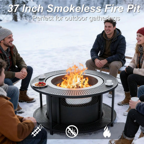 37 Inch Smokeless Fire Pit Tabletop For Outdoor Patio with people seated around in a snowy setting