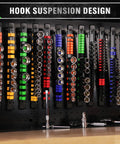 18 Piece Socket Organizer Set With Quarter Inch 96 Clips Three Eighths Inch 90 Clips And Half Inch 72 Clips For Tool Box Drawer Drive Socket Trays Color Coded For SAE And Metric Sockets Heavy Duty ABS Plastic displayed on wall