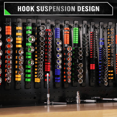 18 Piece Socket Organizer Set With Quarter Inch 96 Clips Three Eighths Inch 90 Clips And Half Inch 72 Clips For Tool Box Drawer Drive Socket Trays Color Coded For SAE And Metric Sockets Heavy Duty ABS Plastic displayed on wall