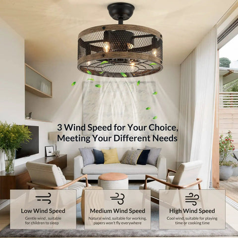 Caged Farmhouse Ceiling Fan With Lights Remote Control Bladeless Enclosed Fandelier 18 Inch Black in cozy living room