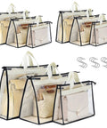12 Pack Clear Handbag Storage Bags With Zipper And Handles See Through Purse Organizer For Closet Or Hanging Use Non Woven Fabric With Transparent PVC Cover Waterproof And Rip Resistant Grey with purses inside, shown with S-hooks.
