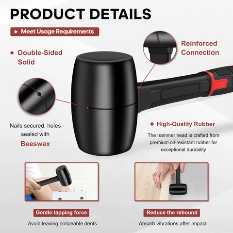 16oz Rubber Mallet Hammer With Double Faced Soft Head And Fiberglass Handle Ergonomic Grip For Flooring Woodworking Camping And Tents Durable Rubber Head Delivers Soft Blows Without Damaging Surfaces